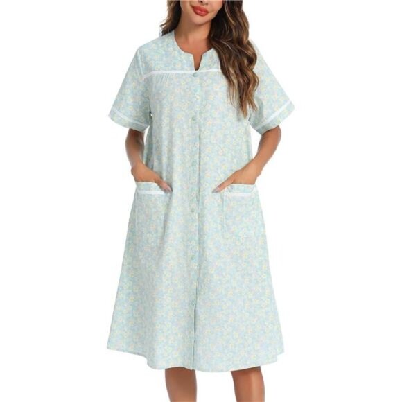 House Dress Womens Embroidered Housecoat Short Sleeve Duster Robe Front Pockets
